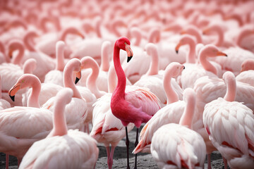 Standing out from the crowd , pink flamingo standing between man white birds. Generative AI - obrazy, fototapety, plakaty
