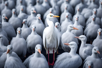 Obraz premium Standing out from the crowd , white bird standing between man gray birds. Generative AI