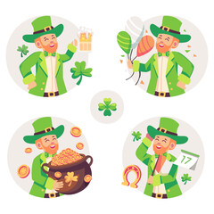Set of four funny leprechauns in different poses. Saint Patrick's Day.