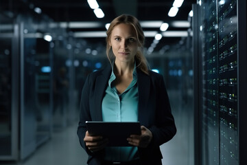 Successful Female Data Center IT Specialist Using Tablet Computer. Generative AI