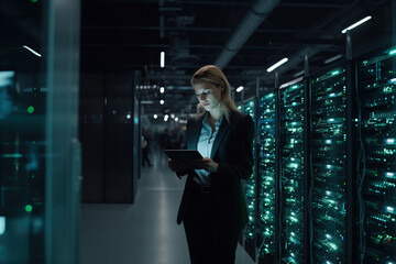 Successful Female Data Center IT Specialist Using Tablet Computer. Generative AI