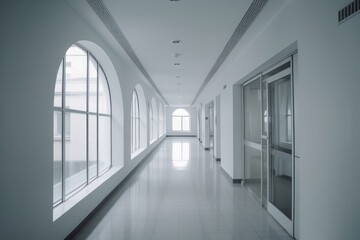 White Hall, A Tranquil Journey through a Blurred White Hallway: Embracing the Subtle Beauty of an Office Building's Glass Windows, in a Theater-Inspired Style, Creating a Serene and Ethereal Atmospher