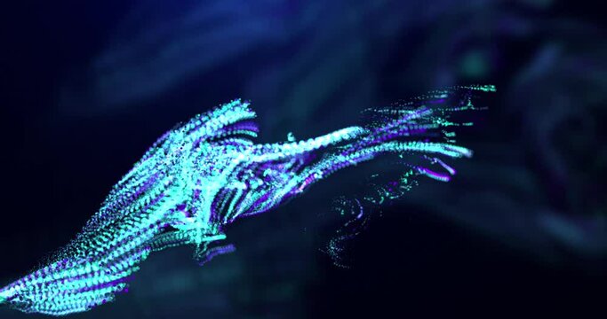 Beautiful explosion particles fluid, abstract background with neon glowing liquid particles. 3d abstract animation in 4K
