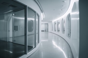 White Hall, A Tranquil Journey through a Blurred White Hallway: Embracing the Subtle Beauty of an Office Building's Glass Windows, in a Theater-Inspired Style, Creating a Serene and Ethereal Atmospher