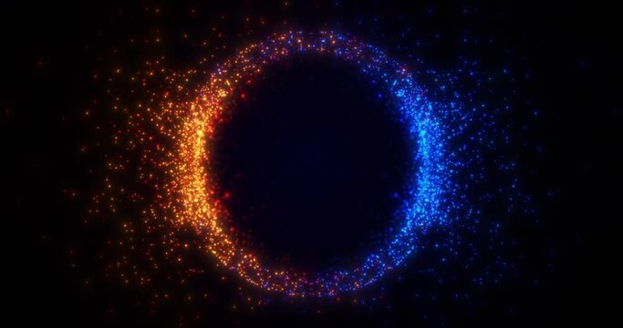 Abstract round sphere of shiny yellow and blue particles of magic glow on a dark background, energy ball of bright points, the movement of a spherical orb. Seamless loop 4k video.