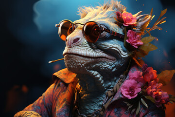 A hippie chameleon smoking weed . Generative AI