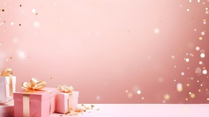 gift boxes with golden confetti. Abstract luxury pink background. Copy space. Generative AI.