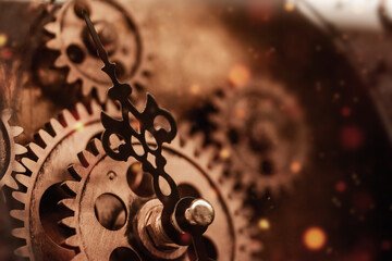 Dark magical clock face with gold and metal gears. Steampunk style. Engine Gears Wheels.