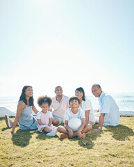 Generation, children and portrait sitting on grass in summer with ball for quality time on mockup space. Happiness, parents and big family in nature in garden for bond with love on holiday or house.