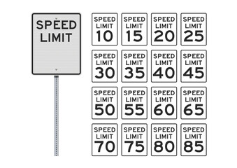 Vector illustration of the American Speed Limit road signs on metallic post (easily editable numbers) - 618439185