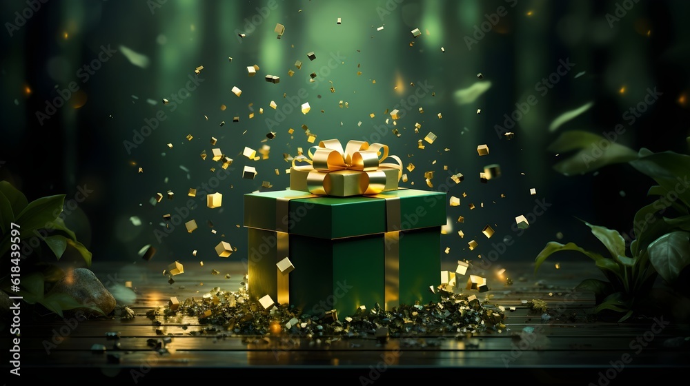 Sticker gift box with golden confetti. Abstract luxury green background. Generative AI.