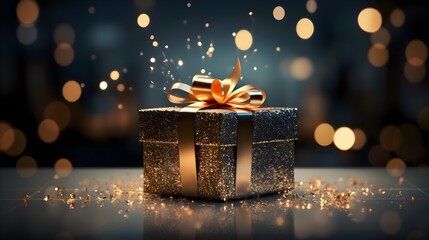 gift box with golden confetti. Abstract luxury green background. Generative AI.