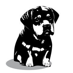 Cute Rottweiler puppy black-white silhouette. Modern vector illustration isolated on white baby dog. For the design of advertising veterinary services, feed, toys for animals,