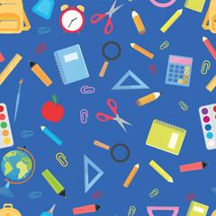 School themed pattern school supplies backpack on blue background