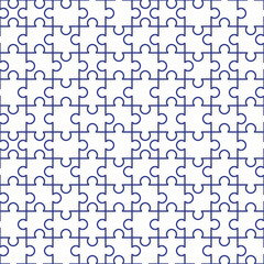 Jigsaw puzzle. Puzzle pieces, blue grid on separated white background. Seamless pattern. Swatch is included.