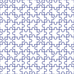 Jigsaw puzzle. Puzzle pieces, blue grid on separated white background. Seamless pattern. Swatch is included.