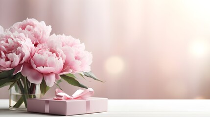 gift box pink background with flowers. Generative AI.