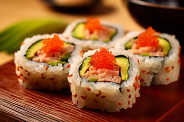 Sushi on a plate, Japanese food. AI Generated.