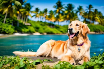 Labrador retriever dog lying down on beach bed on a tropical summer beach.