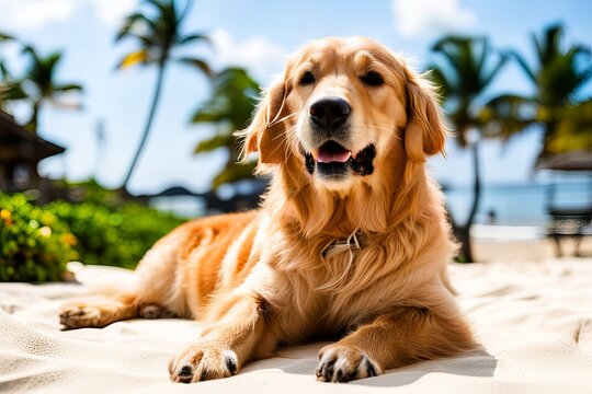 Golden Retriever dog is on summer vacation at seaside resort and rests relaxing