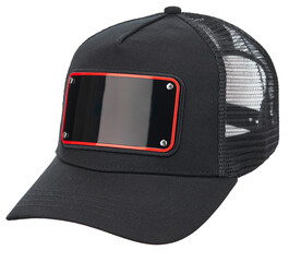 Cotton cap in black colors, with a visor, with a black glossy metal plate in front and a ventilated mesh at the back, isolated on a white background. - 618442110