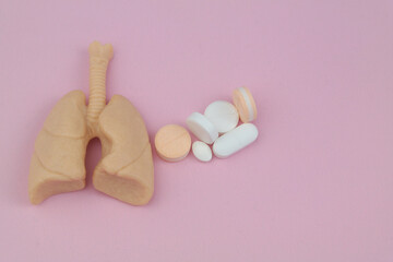 Obraz premium Human lungs model and medical pills on pink background. Copy space for text.