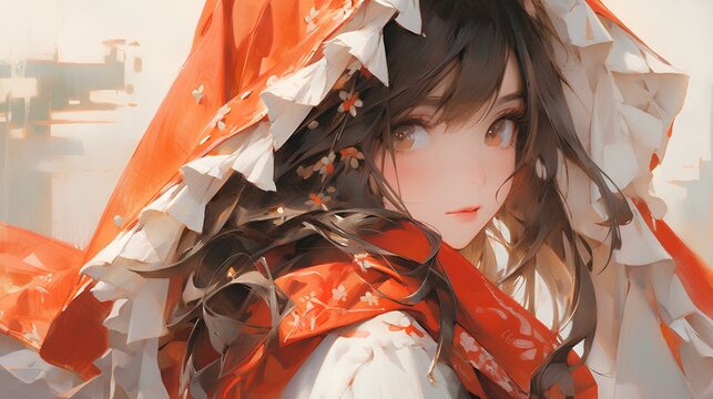 thick acrylic drawing of a attractive japanese bride in miko outfit, beautiful anime character design. generative AI