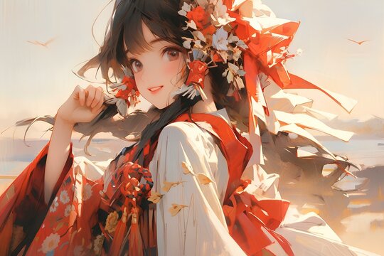 thick acrylic drawing of a attractive japanese bride in miko outfit, beautiful anime character design. generative AI