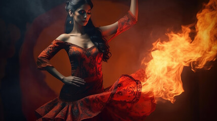 Fototapeta premium Flamenco Dance Fiery Passion. A stunning Spanish woman gracefully dances flamenco, with burning flames in the background. Expression of passion and artistry concept. AI Generative