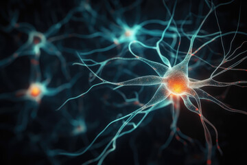 Active nerve cells. Neuronal network with electrical activity of neuron cells. Neuroscience, neurology, brain activity, nervous system and impulse, microbiology concepts