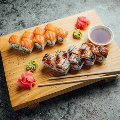 sushi rolls are displayed on a choppy board, with chopsticks