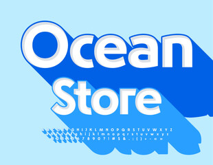 Vector blue banner Ocean Store with isometric Font. Set of Alphabet Letters, Numbers and Symbols with Shadow