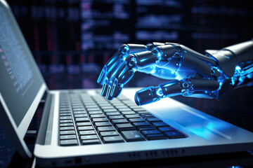 Robot's hand typing on laptop writing language processing tool AI technology Generative AI