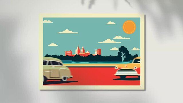 Looping animation of retro cars driving inside a wall painting