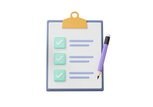 Checklist on clipboard paper. information business document correct mark on isolated background. minimal cartoon cute smooth. 3d render illustration