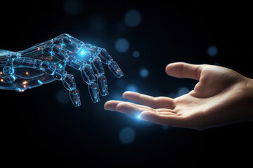 Artificial Intelligence Robot's Hand Human Hand Reaching Dark Background Technology Generative AI