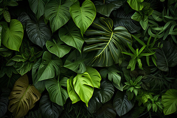 Green tropical leaves background. Generative AI - obrazy, fototapety, plakaty