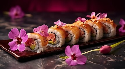 Obraz na płótnie Canvas AI generated image of Japanese sushi rolls on wooden kitchen board