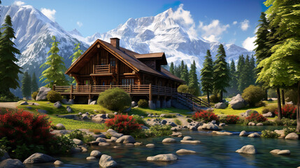 Wooden cottage log cabin chalet house in mountain with beautiful river and conifer forest. Generative AI image illustration