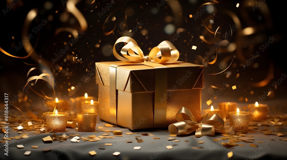 Sticker present gift box with golden confetti. Abstract luxury dark background. Copy space. Generative AI.