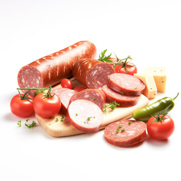 Grilled sausages isolated on white background. Generative AI