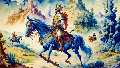 Rider on horseback with a saber. Cavalry. Watercolor. Generative AI.