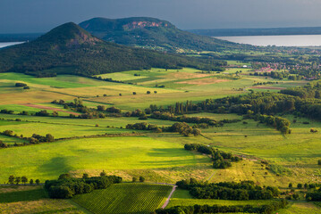 Fototapeta na wymiar View Badacsony from Csobanc in Balaton Highlands. Badacsony Hill with the Lake Balaton in the sunset time, Hungary