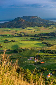 View Badacsony from Csobanc in Balaton Highlands. Badacsony Hill with the Lake Balaton in the sunset time, Hungary