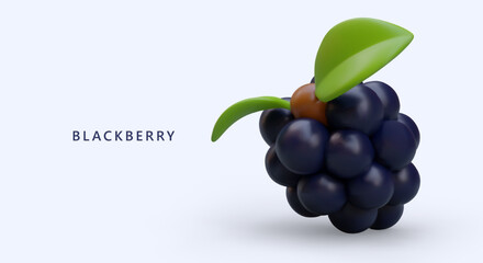 3D ripe blackberry. Vitamin natural antioxidant. Forest black edible berry. Sweet vegetarian dessert. Dewberry, bramble. Color advertising poster for design of web pages, sites