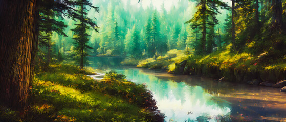 Obraz premium Paintinf of forest with a river. Generative AI.