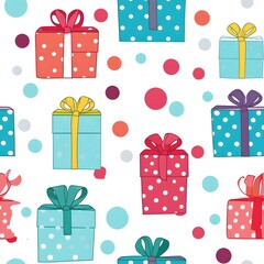 gift boxes, presents, cartoon style illustration. Seamless pattern. Generative AI.