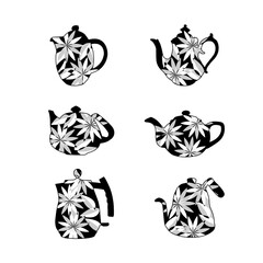 Collection stylized illustration of teapots with flowers