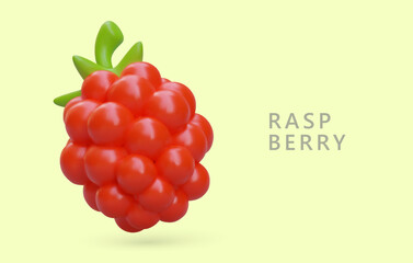 Realistic red raspberry with green tail. Bright sweet berry with shadows and reflections on rounded parts. Aromatic natural dessert. Poster for culinary sites, fruit and sweets shops