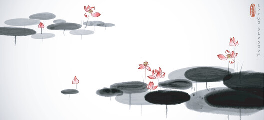 Fototapeta na wymiar Pink lotus flowers in a pond on white background. Traditional oriental ink painting sumi-e, u-sin, go-hua.